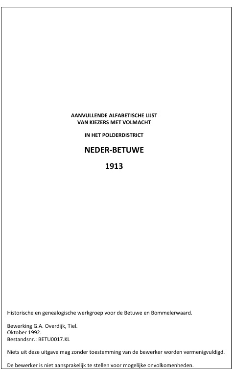 transcripties Betuwe N. Aanvullende alfabetische lijst van kiezers met volmacht in het polderdistrict Neder Betuwe 1913