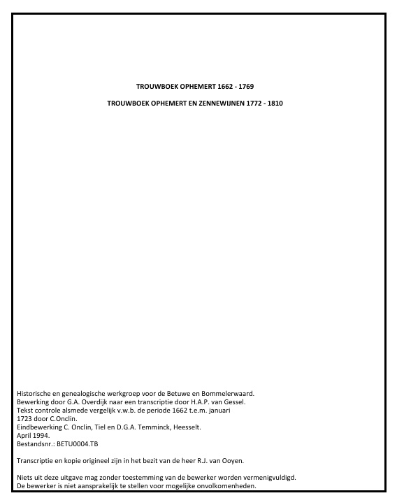 Transcripties Betuwe O. Trouwboek Ophemert 1662-1769