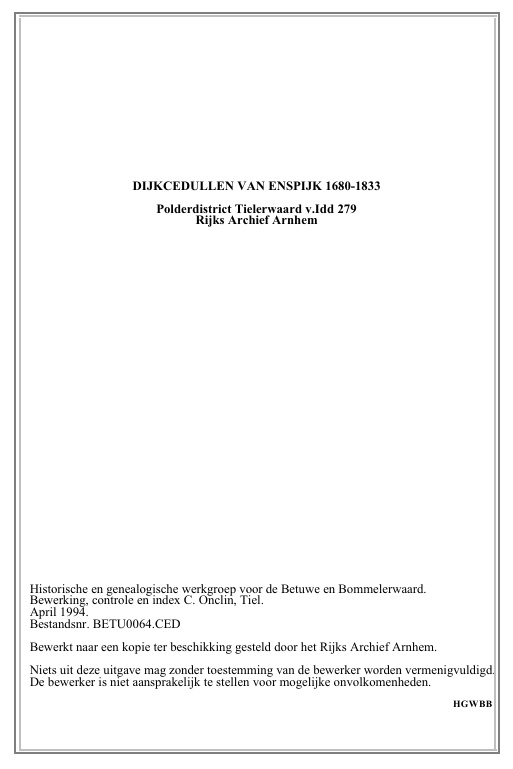 Dijkcedullen van Enspijk. Transcripties Betuwe E.