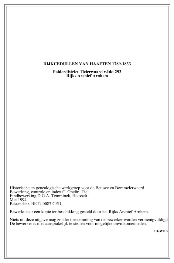 Voorblad van Dijkcedullen van Haaften 1789-1833. Polderdistrict Tielerwaard,